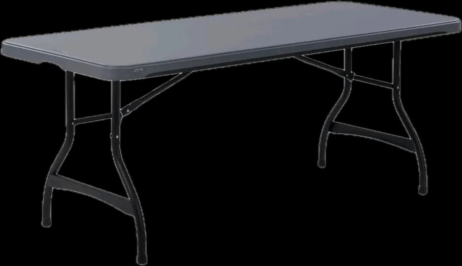 White six-foot commercial folding event table with steel legs, set up and empty
